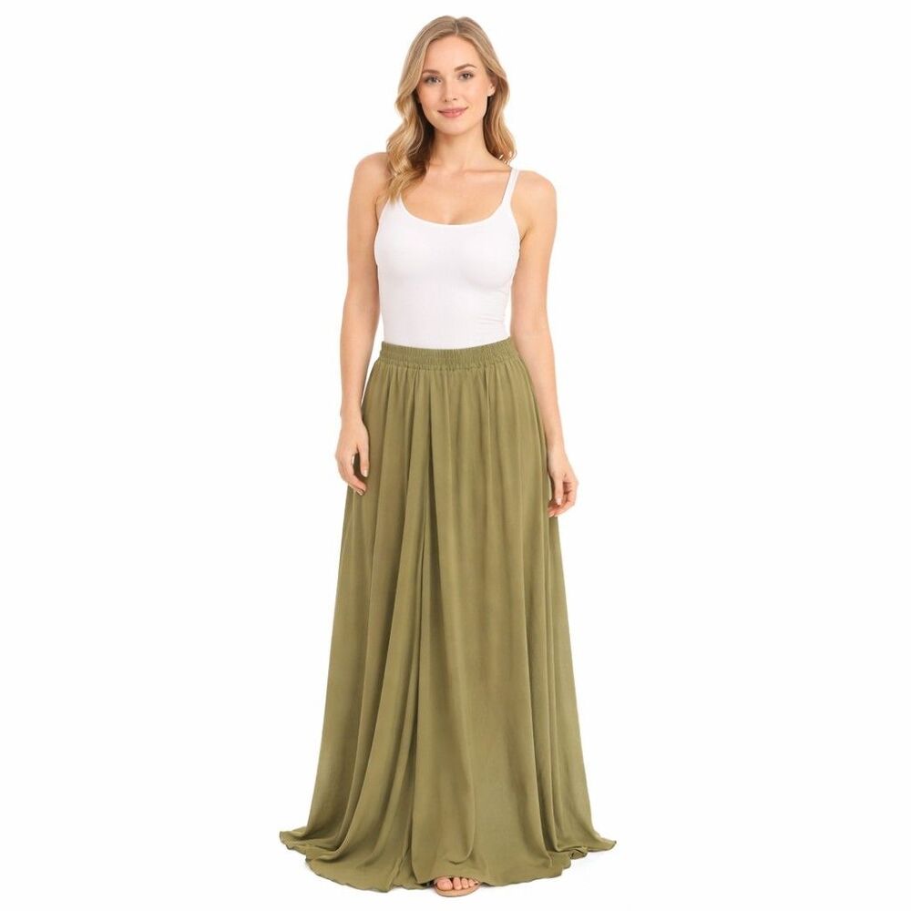 Olive Green Chiffon Maxi Skirt Womens Large Flowy Full Length Elastic Waist Boho